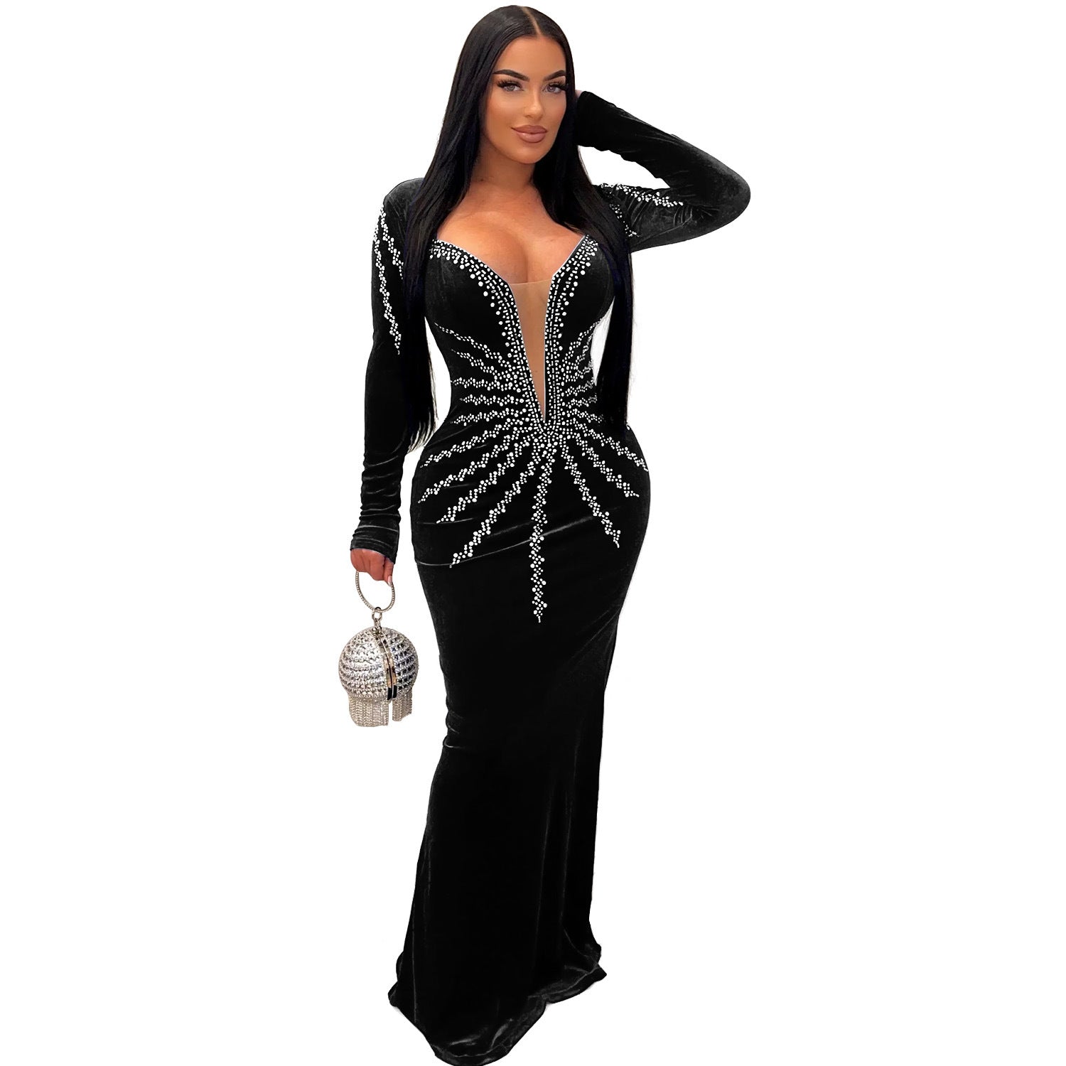 Women Sexy Party Long Sleeve Beaded Fishtail Dress 10