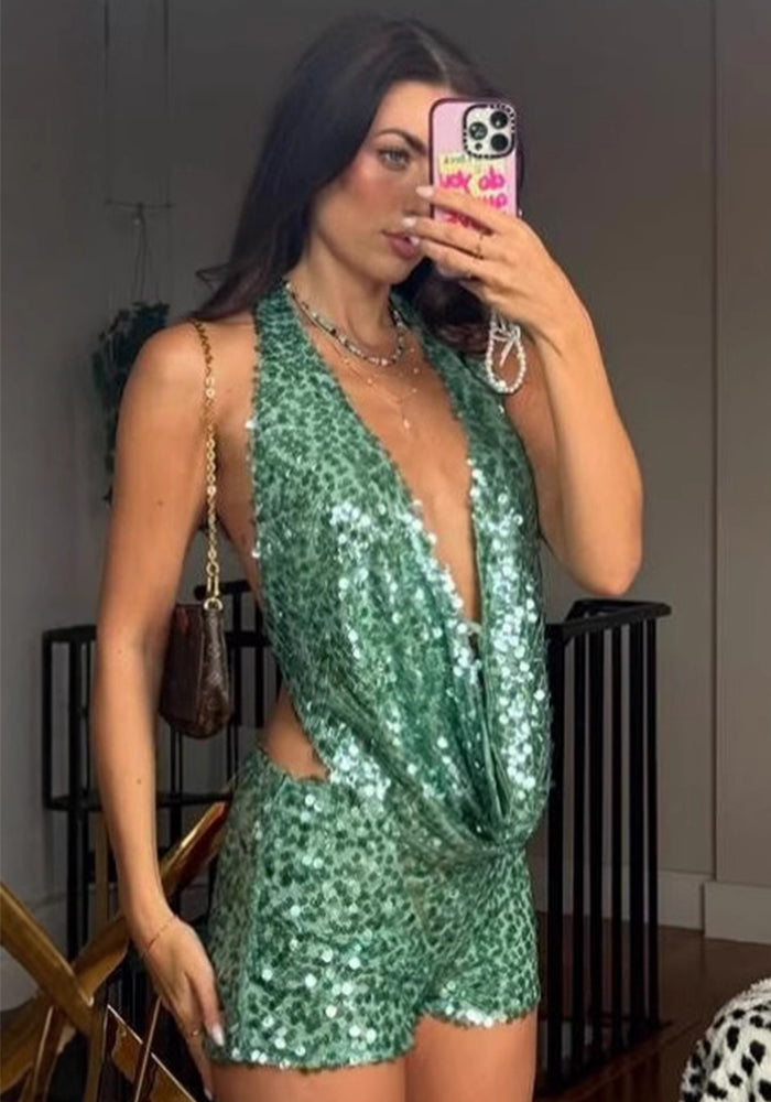 Sheer Green Sequin V-Neck Crop Top & Shorts Set