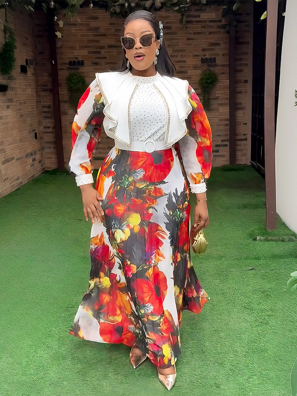 Plus Size Women African Elegant Print Long Sleeve Dress 8