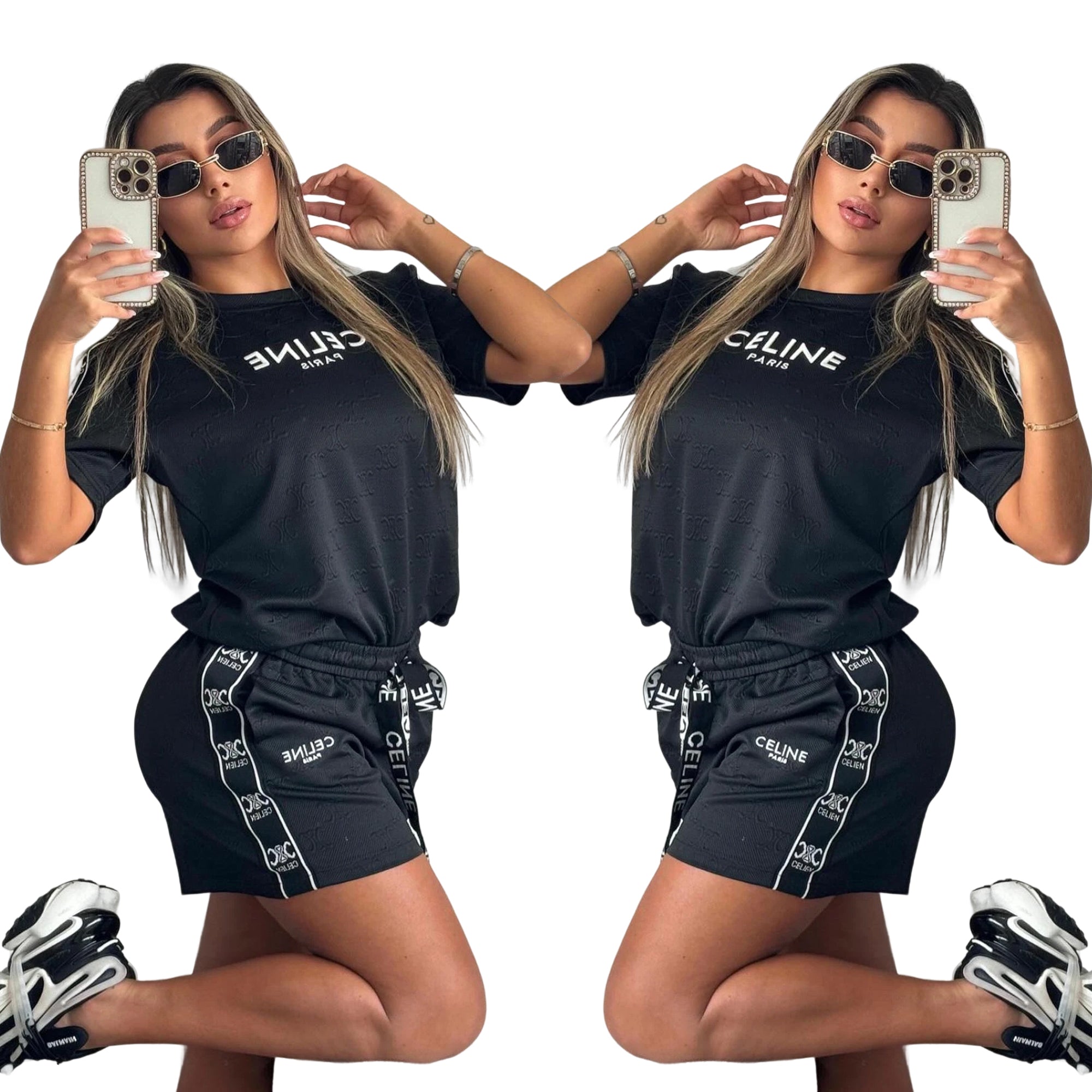 Summer Fashion Women's Jacquard Embroidered Short Sleeve Multi-Color Belt Sports Shorts Set