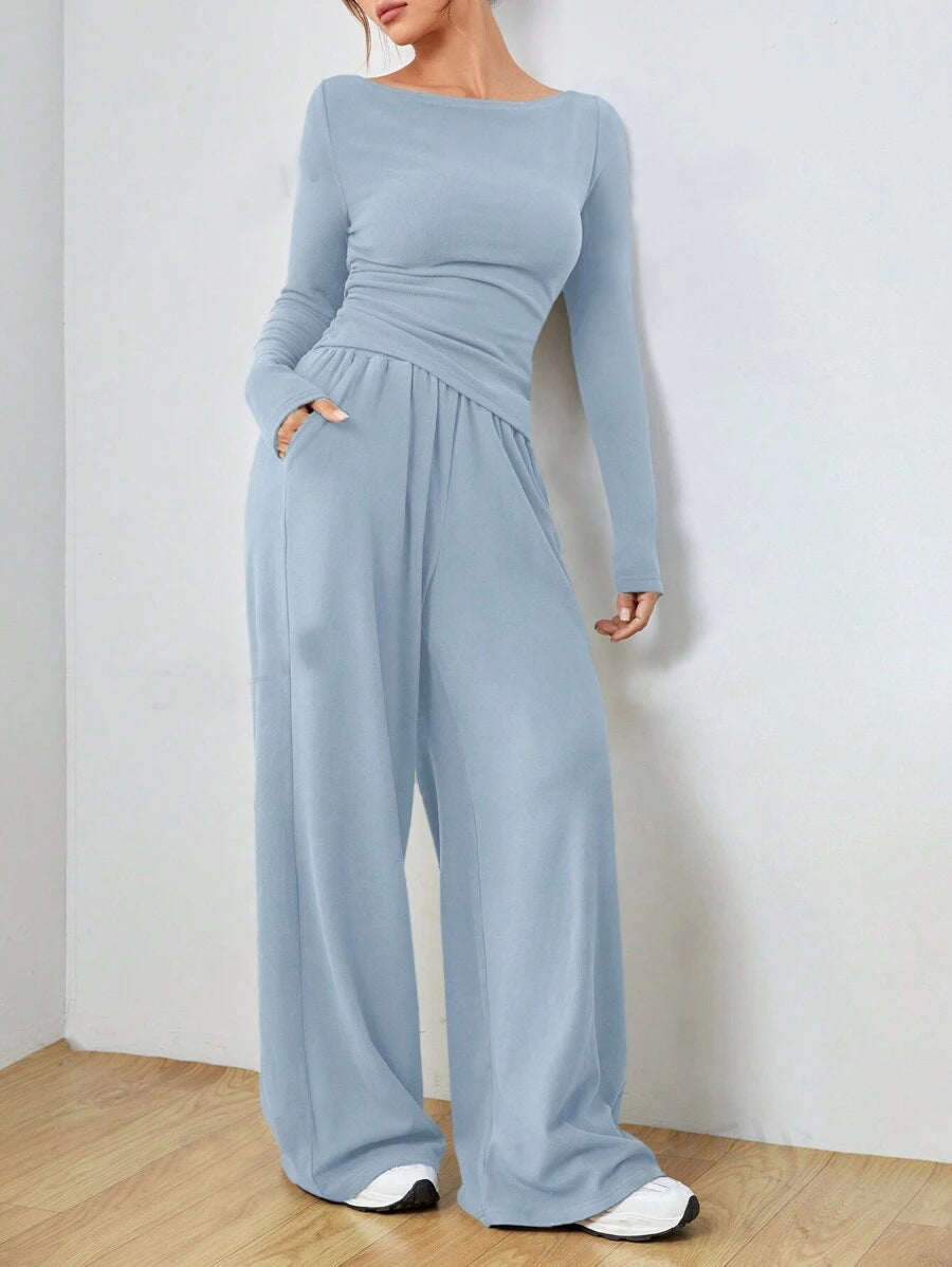 Women autumn and winter two-piece suit solid long sleeve casual wide-leg Pants two-piece suit 9