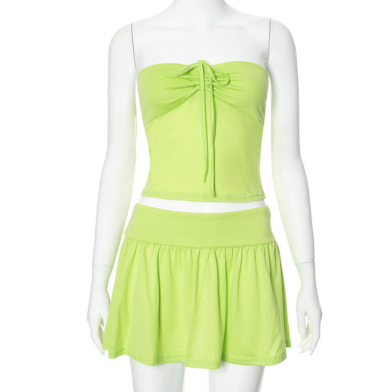 Women's Summer Strapless Low Back Ruffled Casual Two Piece Skirt Set 16