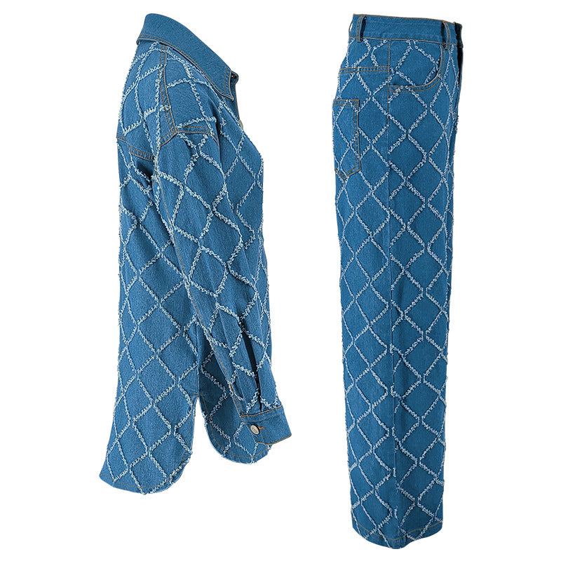 Women Denim Tassel Plaid Long Sleeve Top and Pant Two-piece Set 8