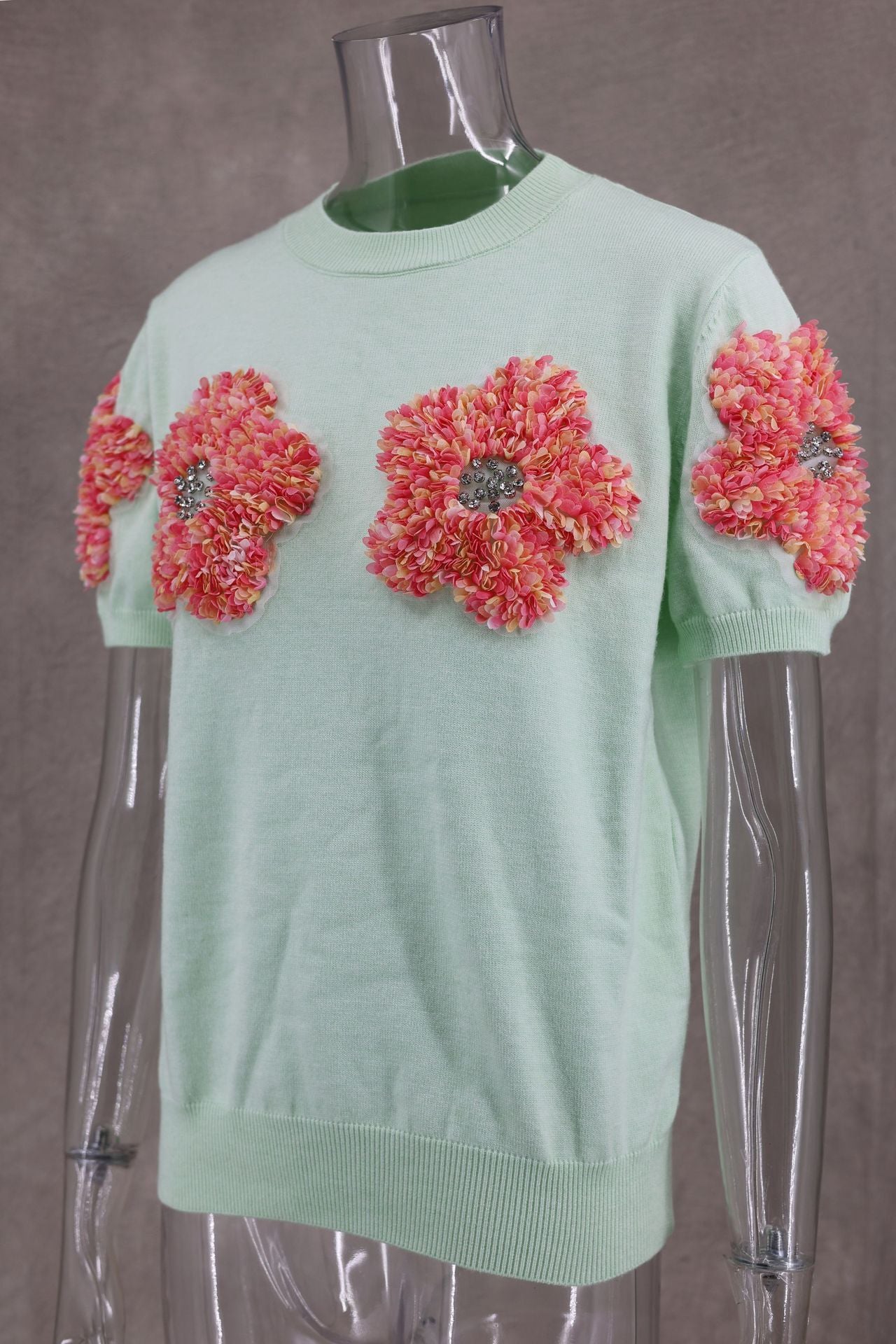 Women Contrast Color Flower Round Neck short-sleeved Top 22