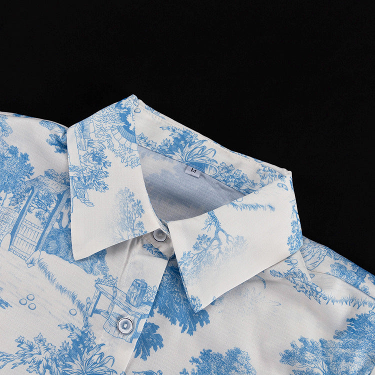 Women's Paint Print Turndown Collar Shirt High Waist Trousers Fashion Two-Piece Suit 12