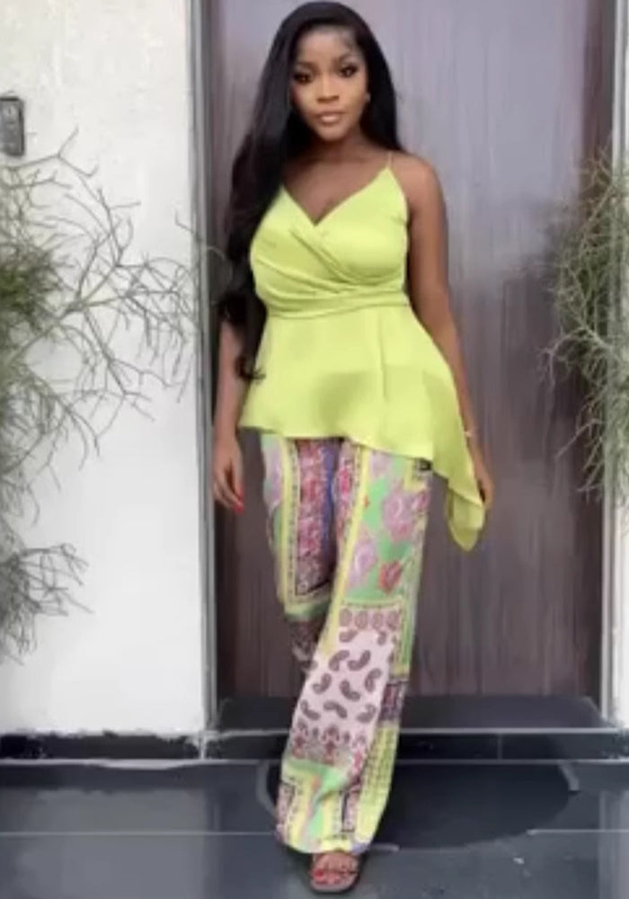 Women Suspender Irregular Top Printed Pants Two-piece Set