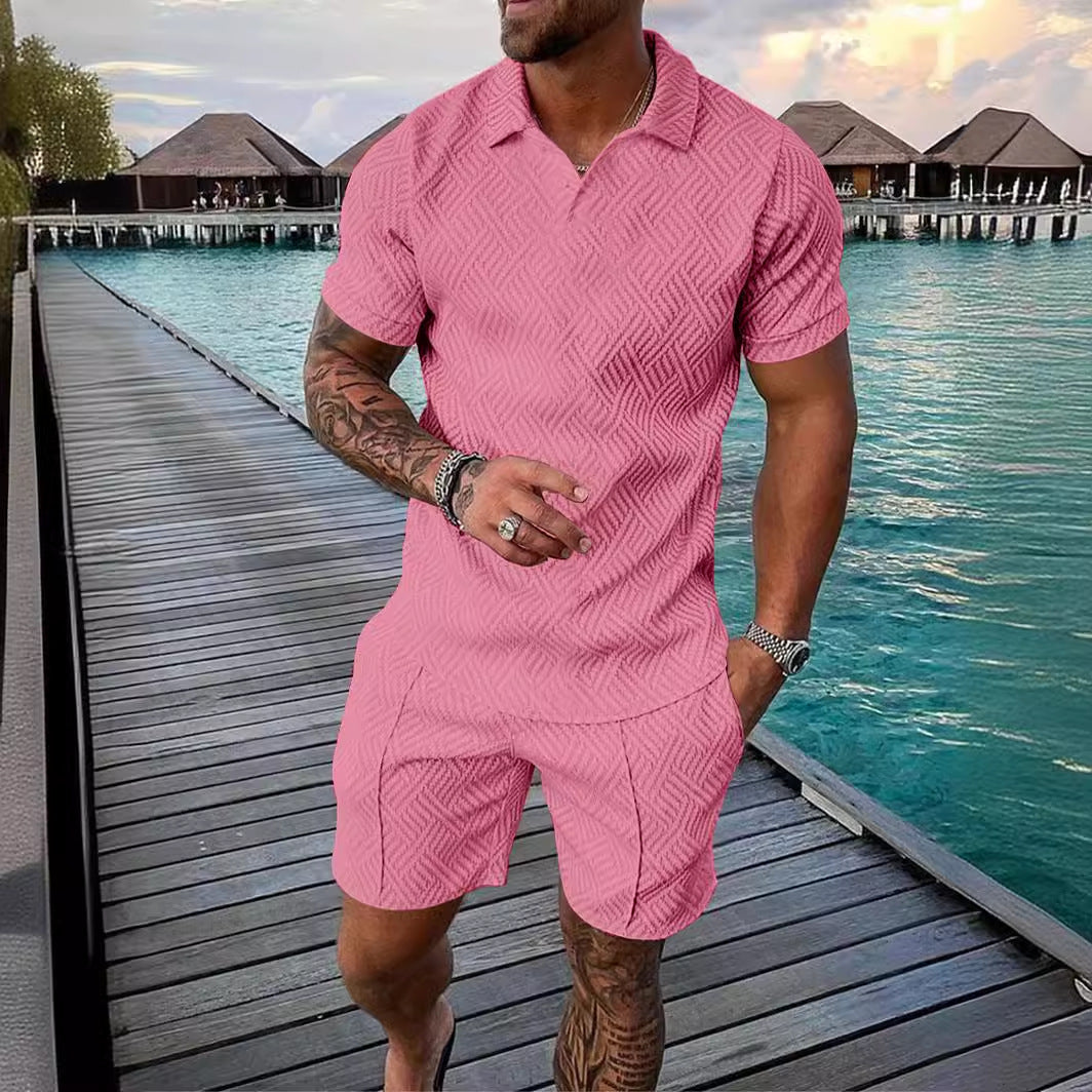 Men's Summer Fashion Casual Printed Turndown Collar Polo Shirt Shorts Two Piece Set 14