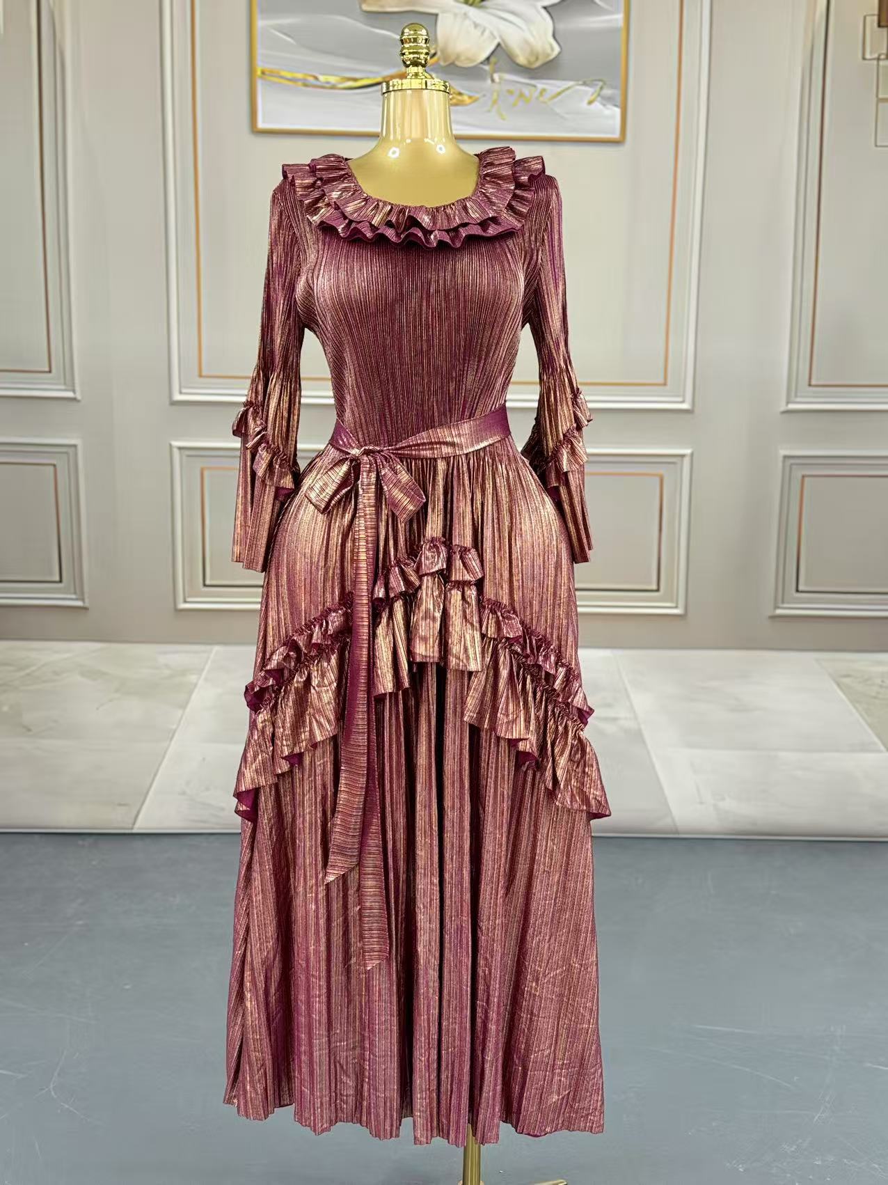 Plus Size Women Bell Bottom Sleeve Elegant Shiny Pleated Dress 7