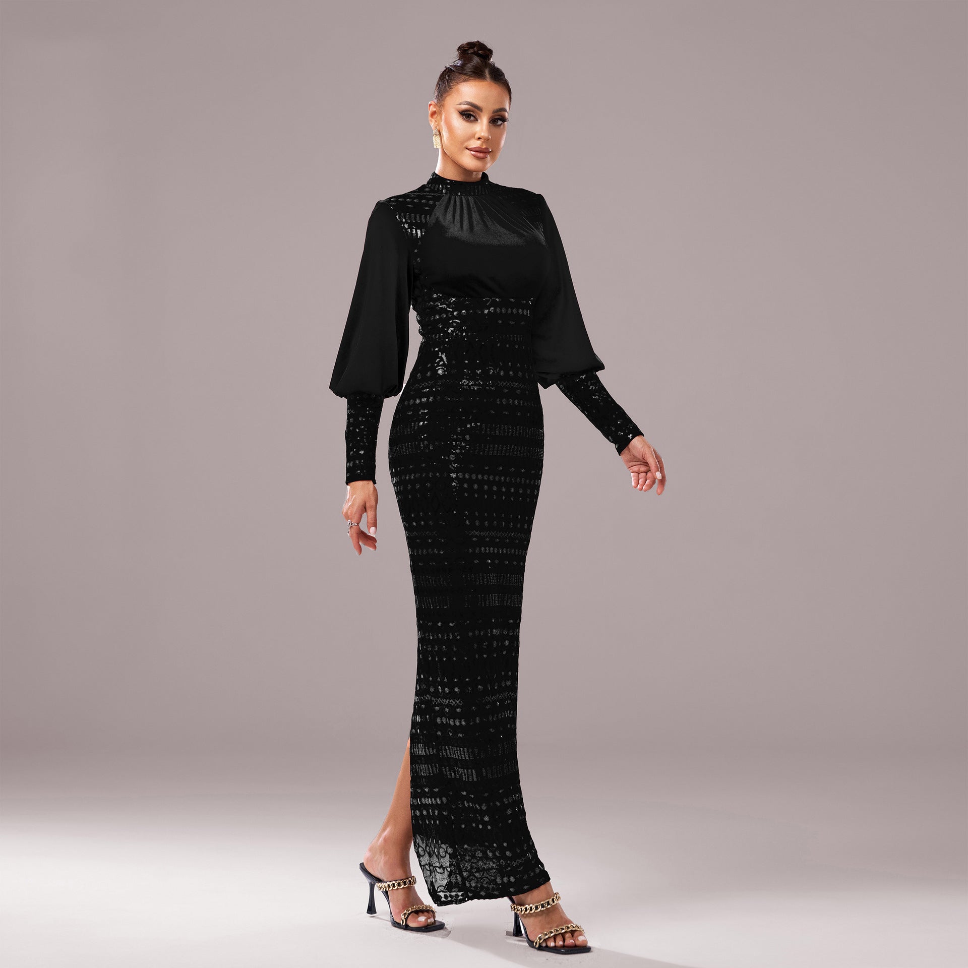 Luxury Long Sleeve Round Neck Formal Party Sequin Slim Slit Evening Dress Women Bridesmaid Gown