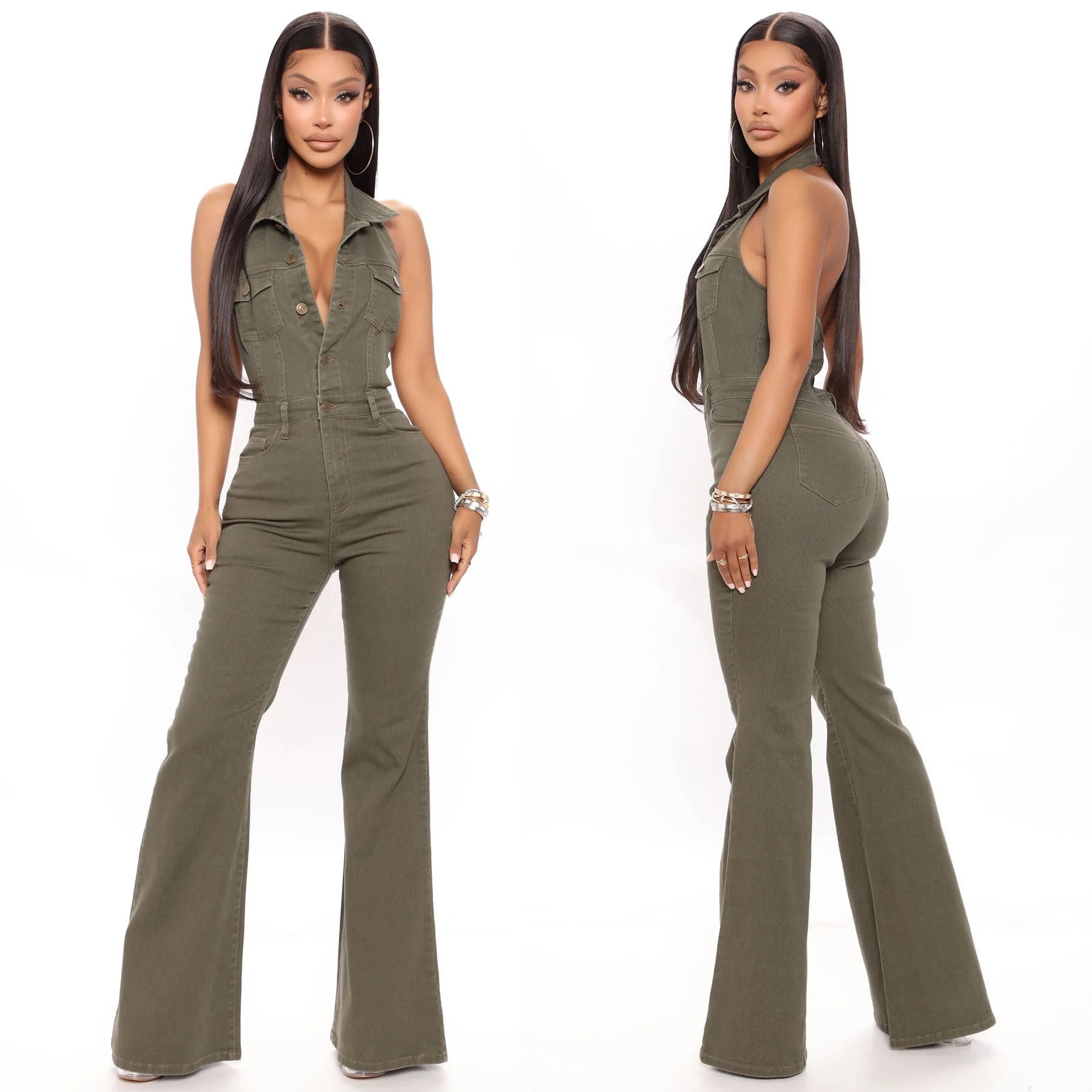Women Denim Stretch Sexy Backless Turndown Collar Cargo Jumpsuit 4