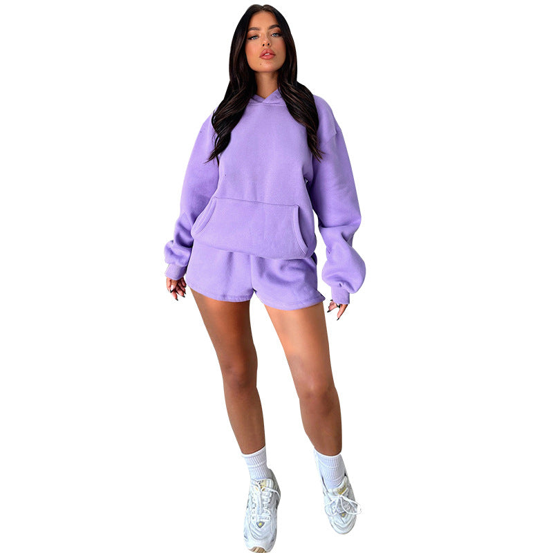 WomenSolid Long Sleeve Hoodies and Casual Shorts Two-Piece Set 11