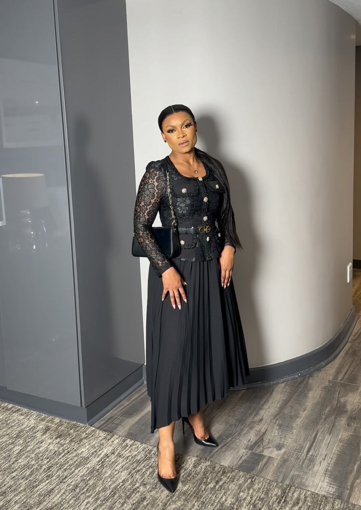 Women French Beaded Metal Button Square Collar Lace Patchwork Pleated Dress 4