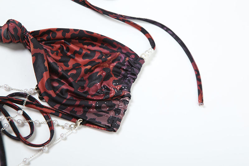 Women's Spring Halter Neck Tie Beaded Chain Slim Low Back Sexy Dress 30