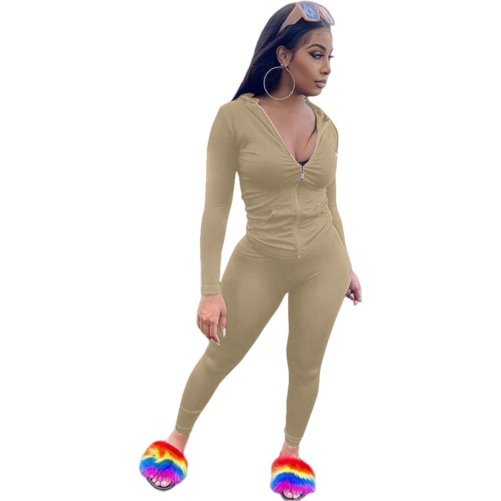 Women Summer Sports Hooded Full Sleeves Solid Pockets Regular Two Piece Pants Set 29