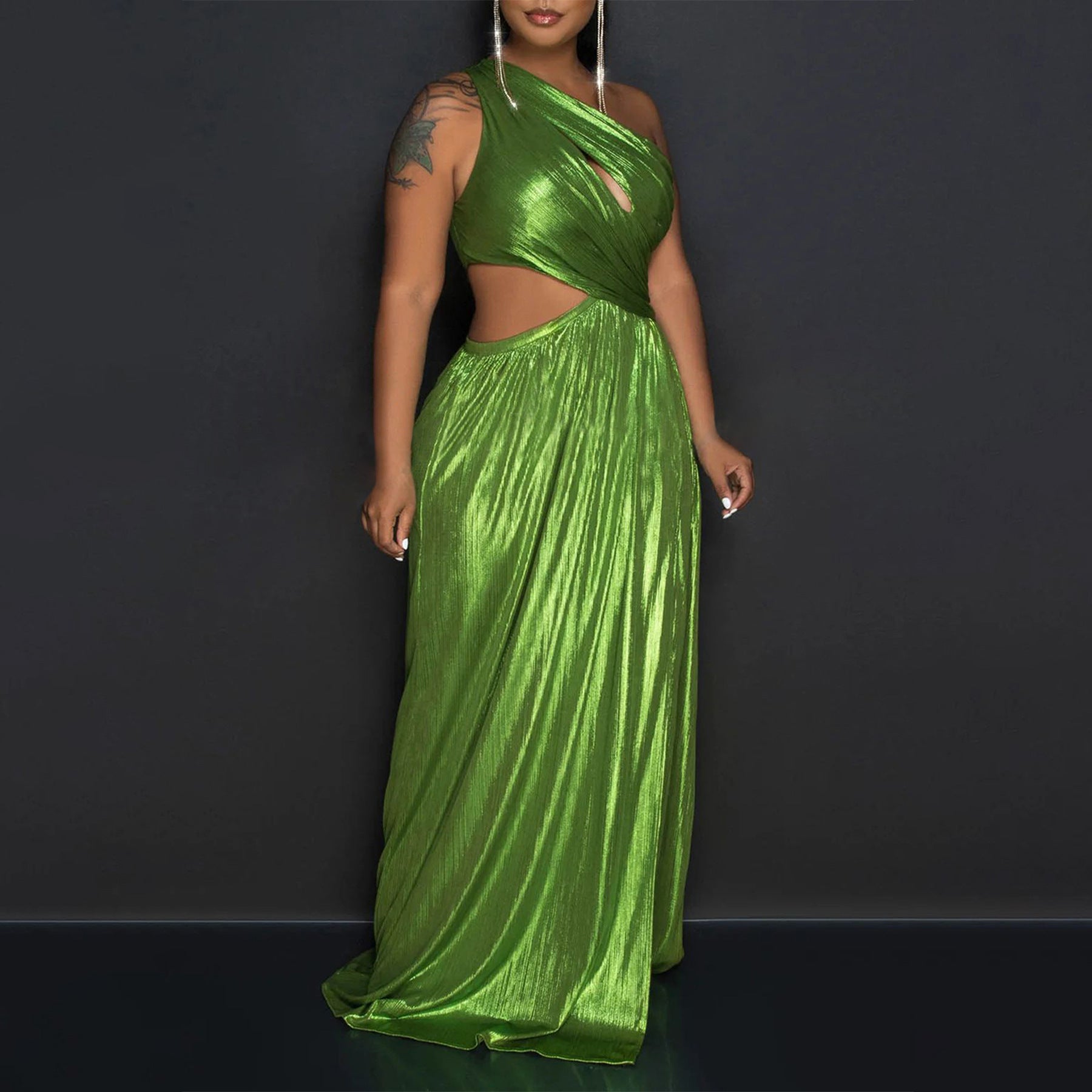 Women's One-Shoulder Evening Gown Sexy High-Slit Open Waist Dress 5