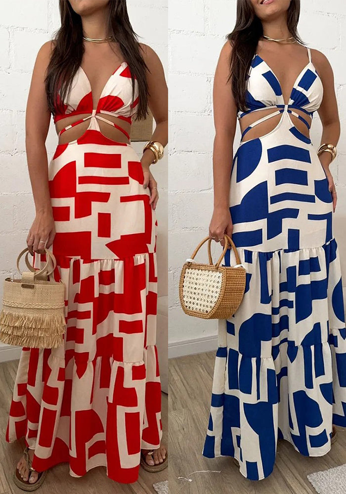 Summer print Low Back hollow Lace-Up Long dress