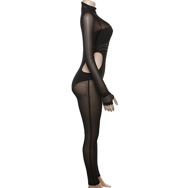 Women's Autumn and Winter mesh Patchwork Beaded See-Through Sexy Tight Fitting Butt Lift Jumpsuit 13