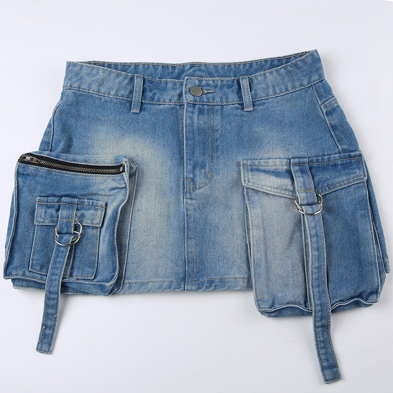 Women's Tie Dye Distressed Patchwork Irregular Pocket High Waist Zipper Slim Denim Skirt 22