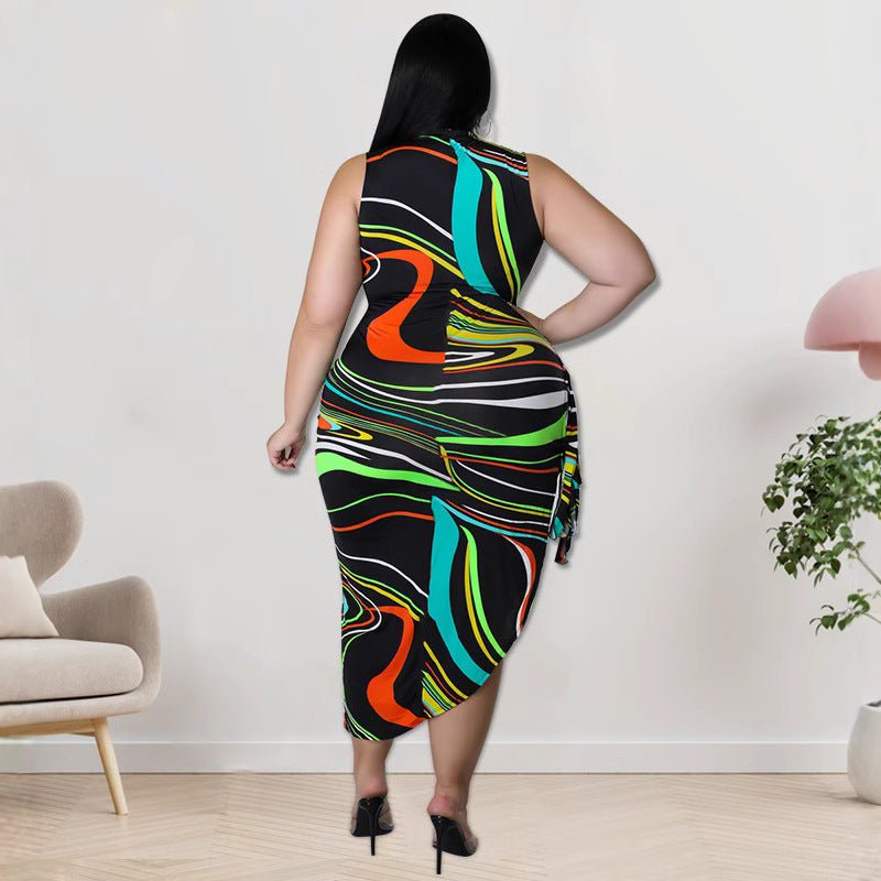 Plus Size Women irregular print Lace-Up Bodycon Dress 4