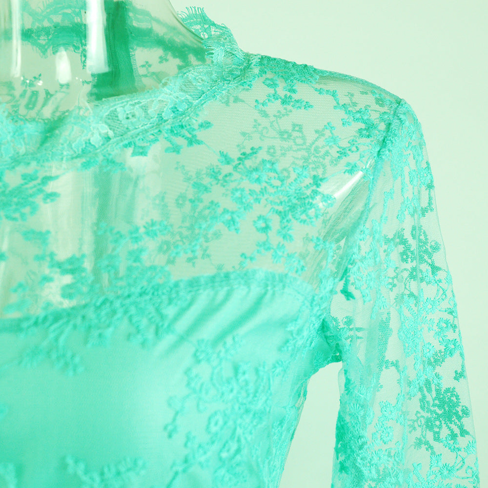 Autumn Women's Red Long Sleeve Lace See-Through Evening Gown 11