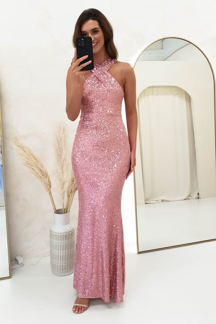 Summer Fashion Sequins Halter Neck Sexy Slim Elegant Long Evening Dress 3