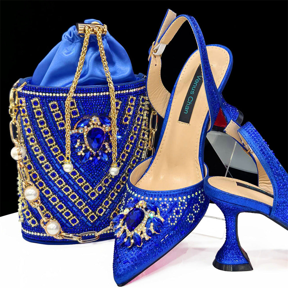 African Shoe And Bag Set Combination Pointed-Toe Ladies' Plus Size High-Heeled Wedding Shoes With Bucket Bags