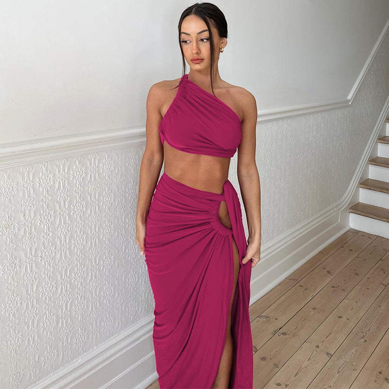 Women Autumn Sexy Backless Strapless Top and Slit Skirt Two-piece Set 9