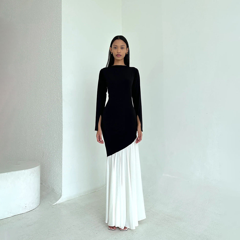 Women Color-blocked Round Neck Sexy Long-sleeved Dress 3