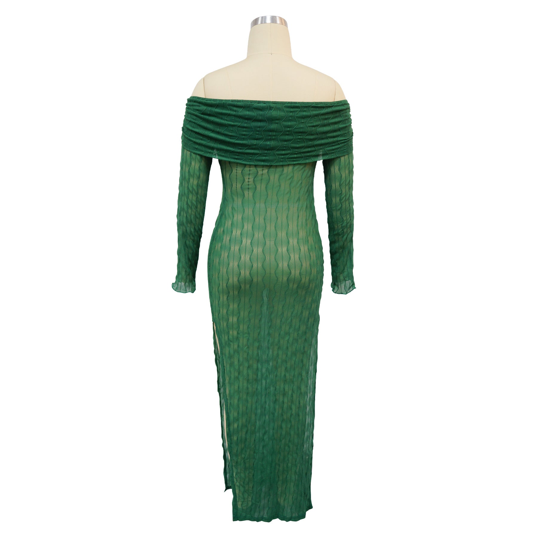 Women's Off Shoulder Long-Sleeved See-Through Slit Dress 10