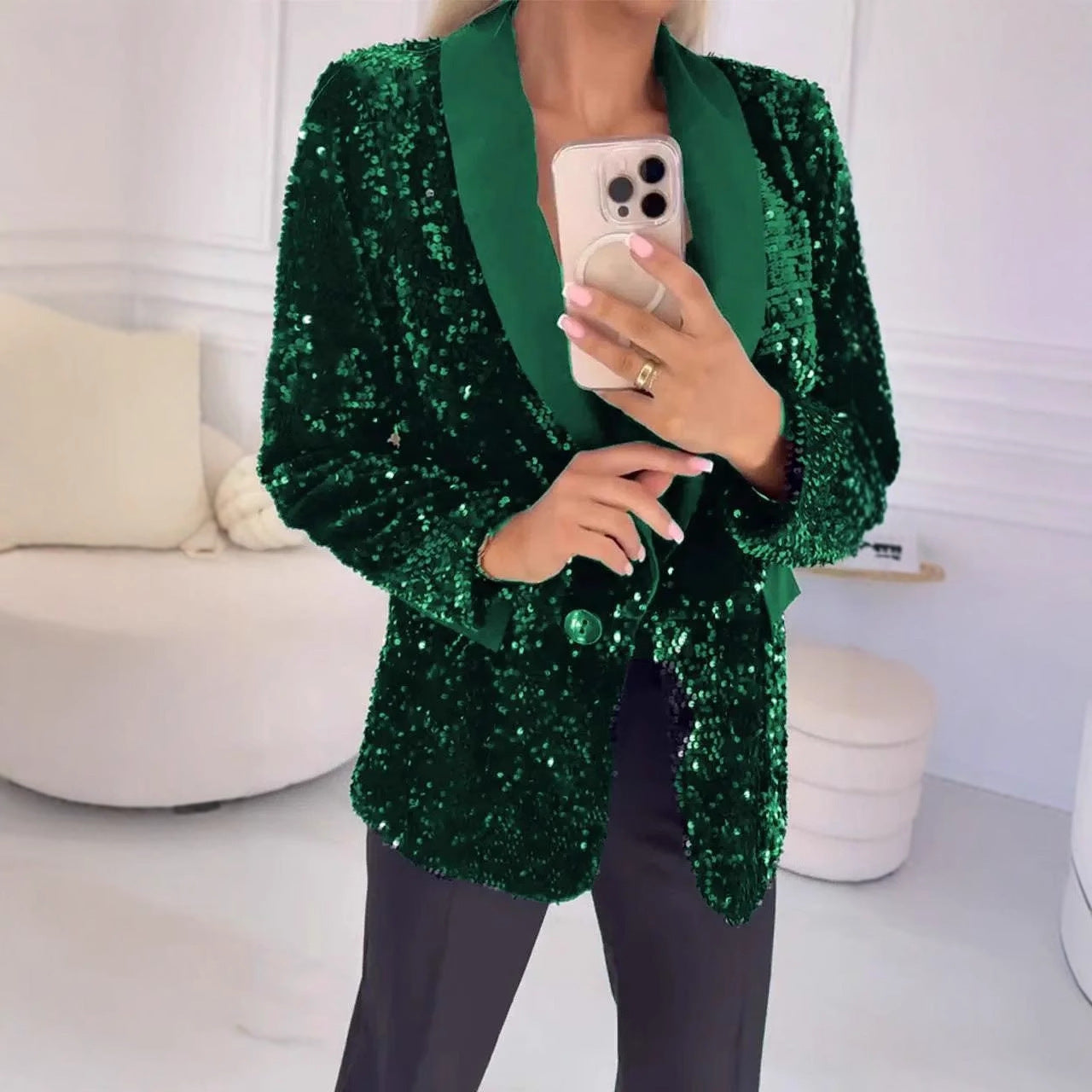 Women autumn and winter Casual sequin Turndown Collar Blazer jacket 8