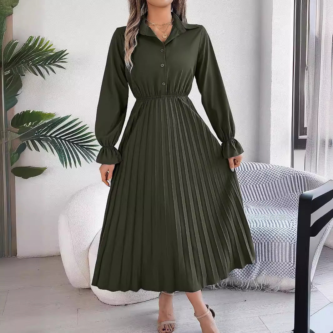 Autumn Winter Casual Turndown Collar Button Long Sleeve Slim Waist Pleated Women's Long Dress 3
