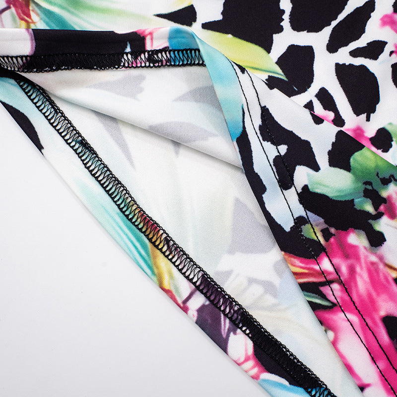 Spring & Summer Women's Irregular Ring Buckle Strappy Print Low Back Tight-Fitting Two Piece Shorts Set 16