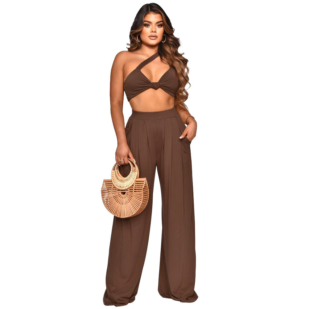 Women Summer Slash Shoulder Sleeveless Top + Solid Color Wide Leg Pants Two-Piece Set 10