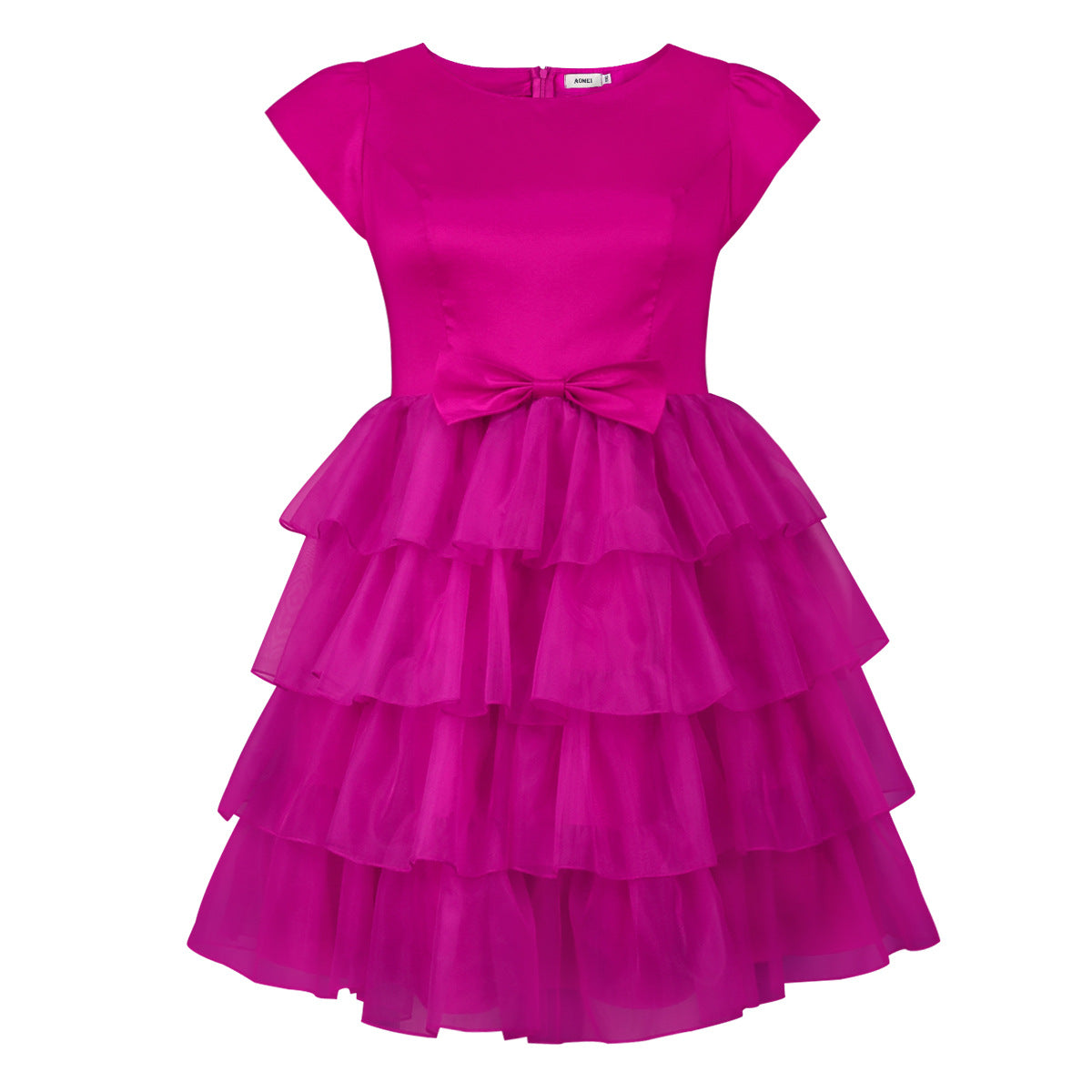 Rose Mesh Patchwork Round-Neck Bow A-Line Sweet Dress 13