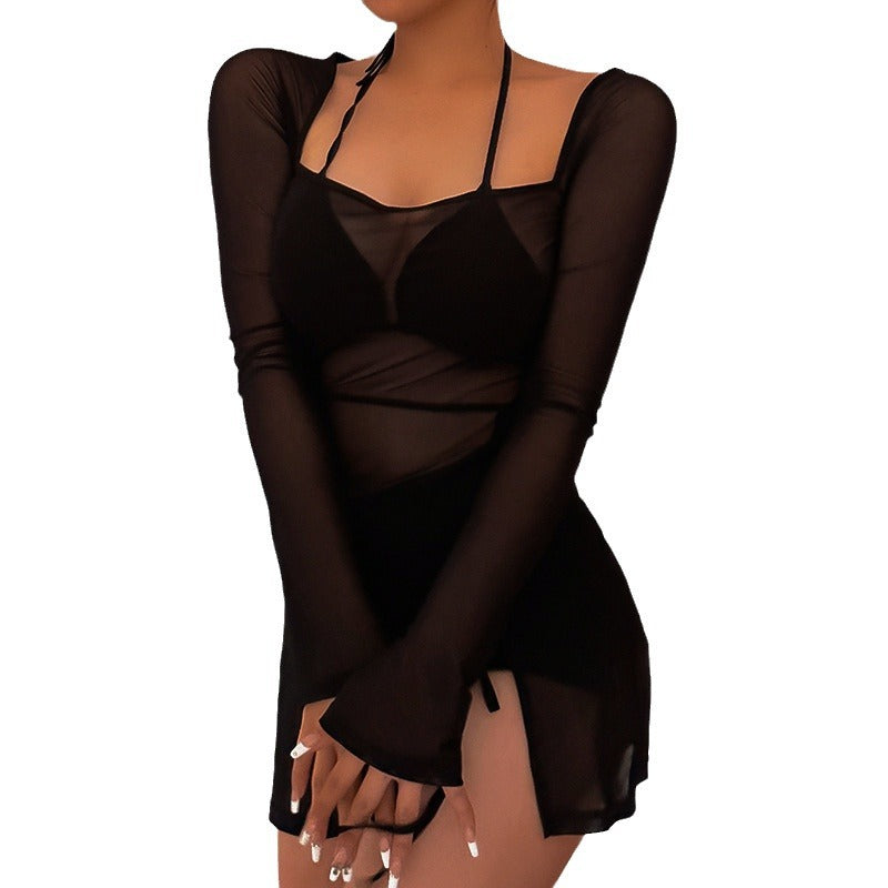See-Through Mesh Long Sleeve Dress Sexy Beach Cover Up 7