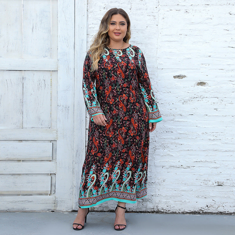 Plus Size Women Casual Long Sleeve Printed Bohemian Dress 11