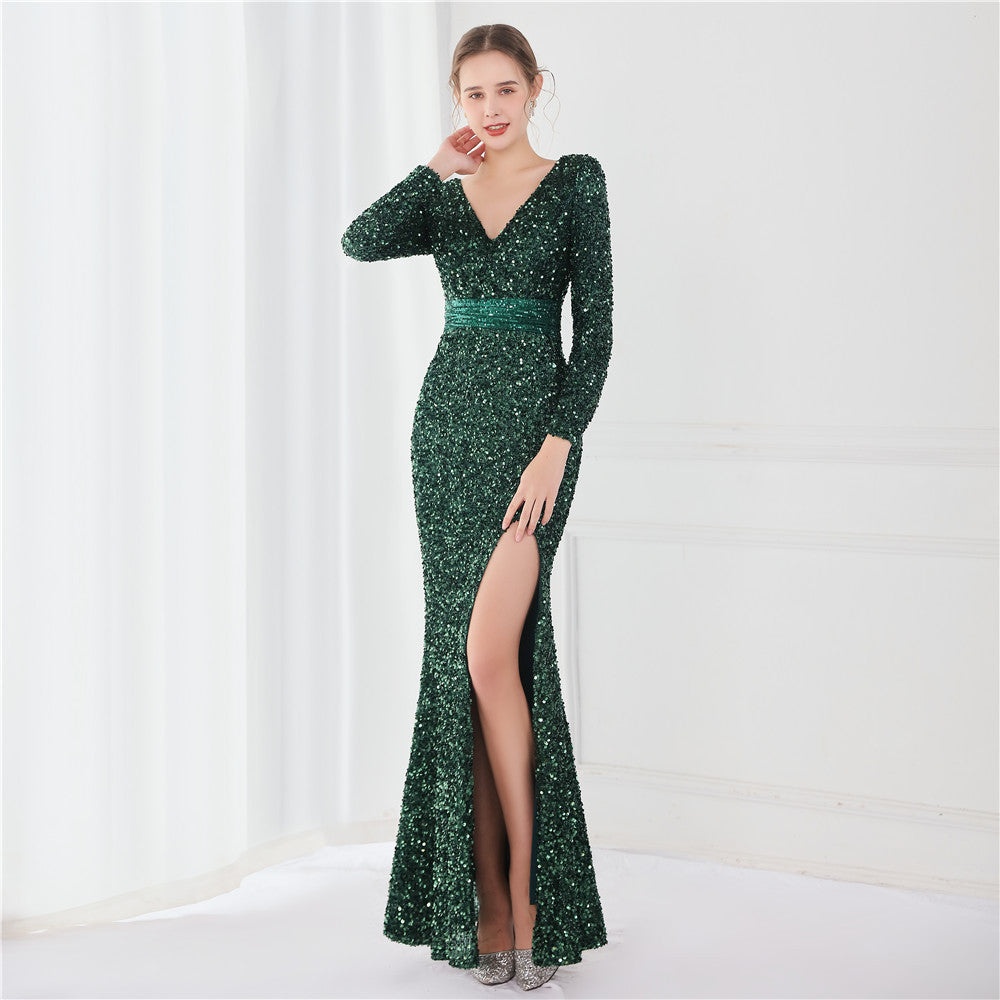 Winter Elegant Green Deep v Neck Long Sleeve Slit Cocktail Eevening Dress