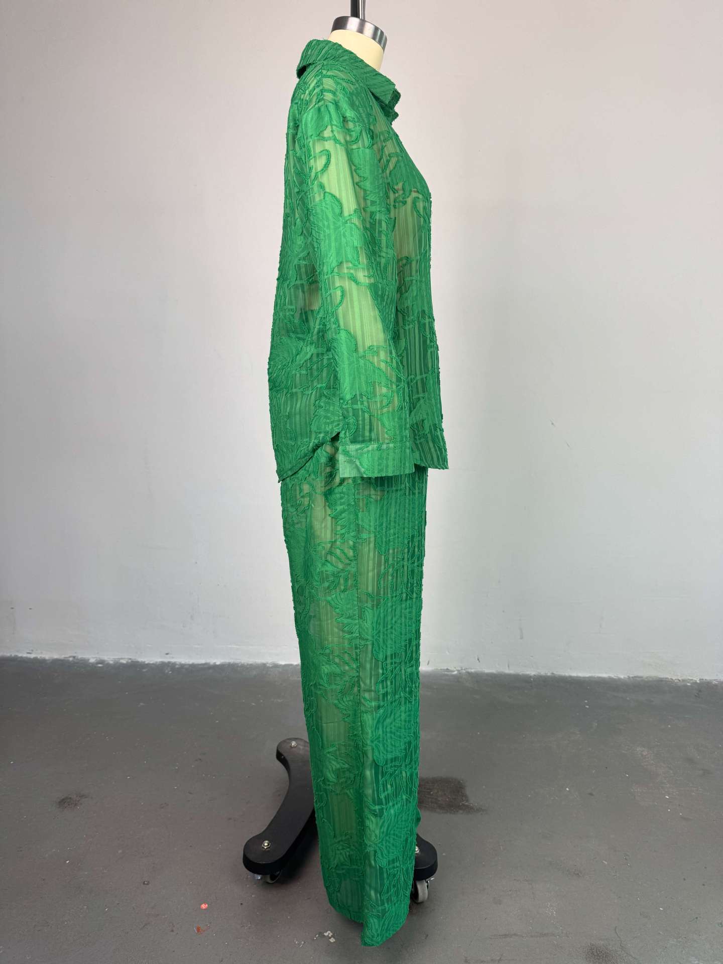 Women Summer Turndown Collar Patch Pocket Long Sleeve Shirt and Straight PantsTwo Piece Set 13