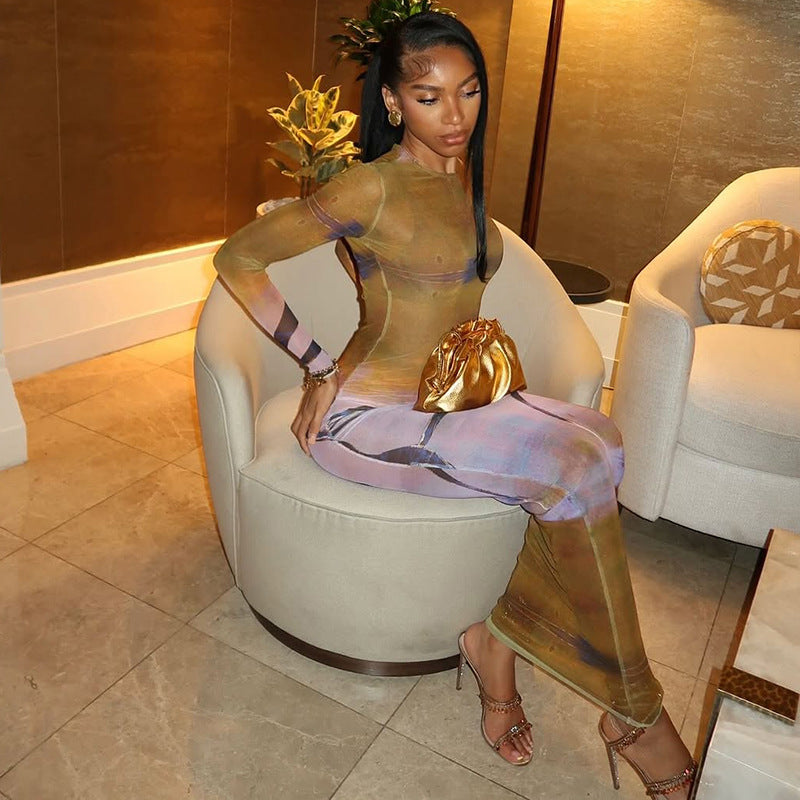 Fashion women's print round neck long sleeve micro-transparent bodycon dress 5