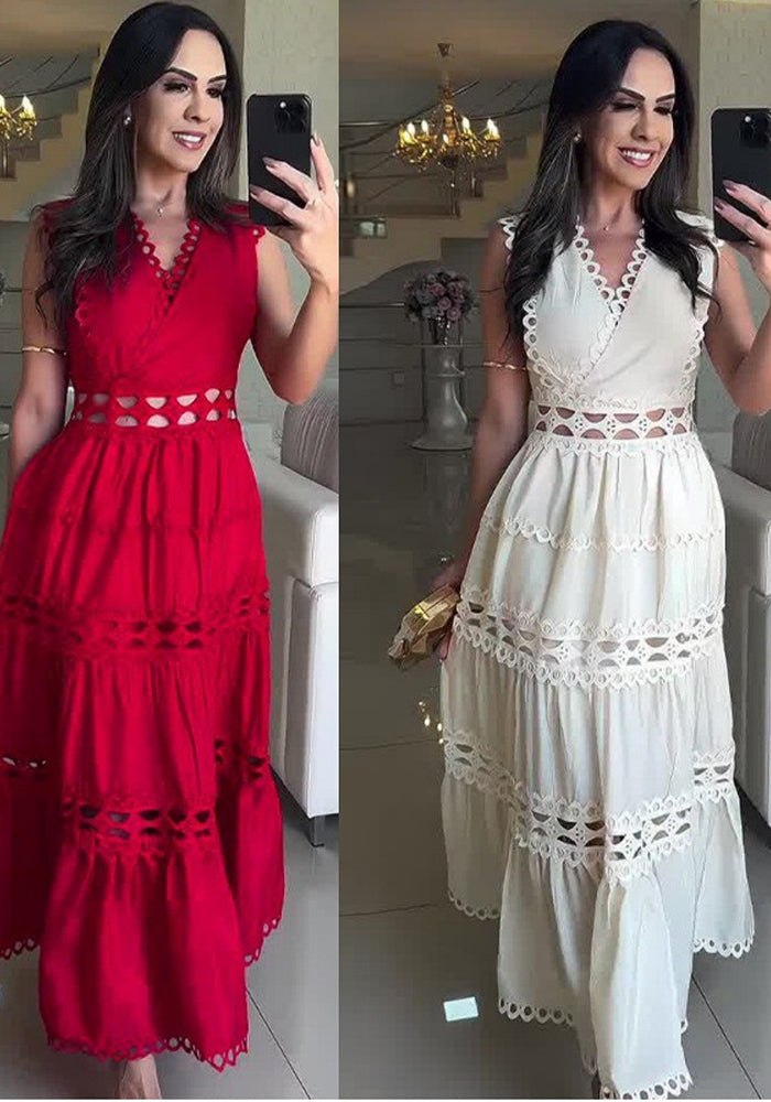 Hollow Embroidery V-Neck Long Sleeveless Casual Long Dress