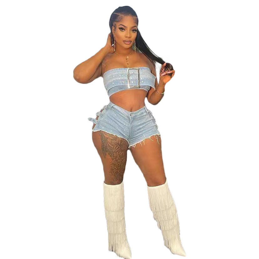 Fashionable Women's Clothing Sexy Strapless Beaded Stretch Two Piece Denim Shorts Set 6