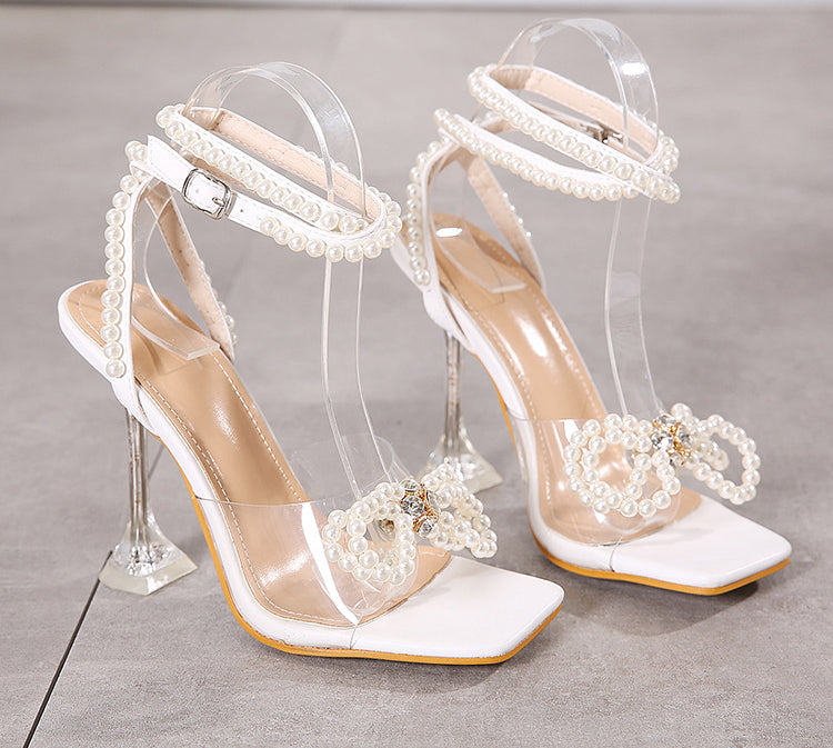 Plus Size Women's Shoes Square Toe Wine Glass Heel Pearl Rhinestone Bow High Heel Sandals 11