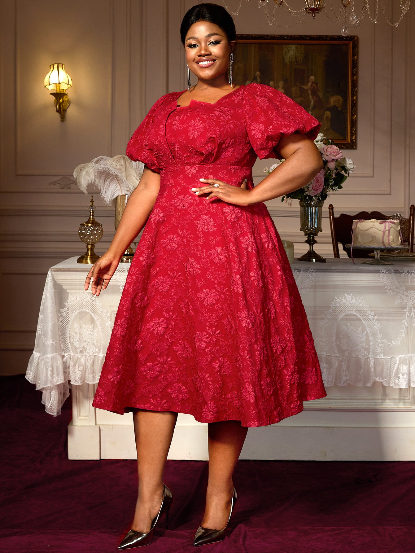 Plus Size Formal Party Dress High Waist Slim Fit Square Neck Puff Sleeve A-Line Gown 4