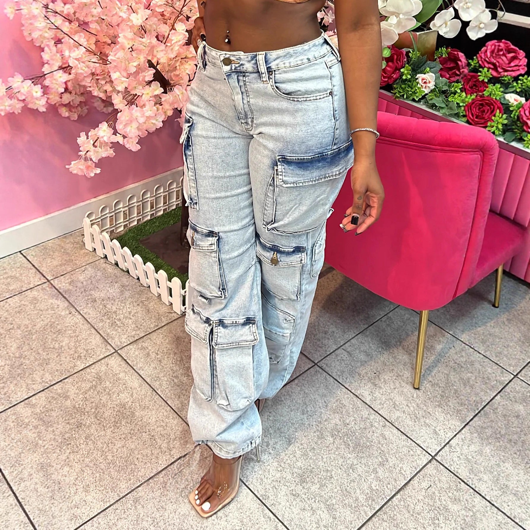 Women's Fashion Multi-Pocket Straight-Leg Washed Cargo Denim Pants 4