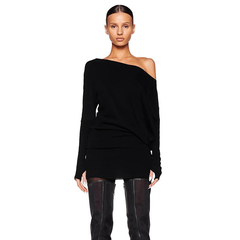 Women's autumn Slash Shoulder long sleeve Slim Waist casual short dress 5