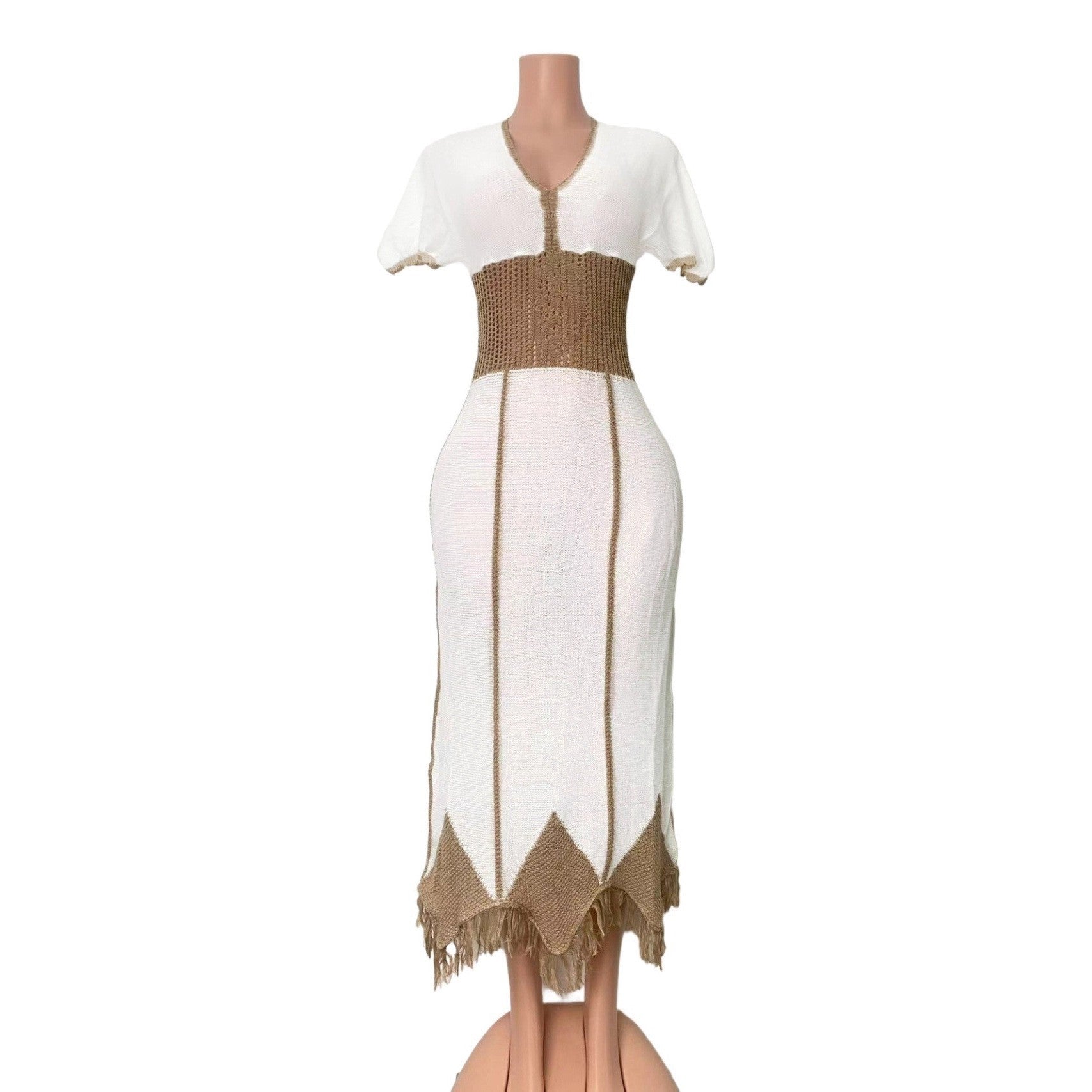 Women V-neck contrasting airy suture knitting dress 8