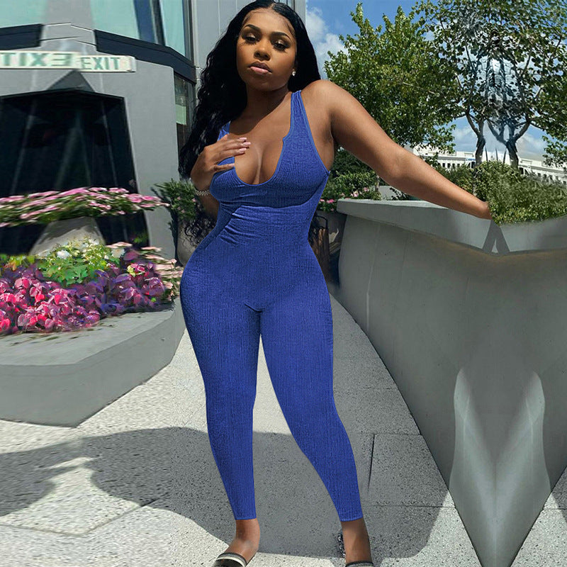 Women's Simple American Sports Vest Jumpsuit Summer Solid Color knitting Ribbed Trousers Women 9