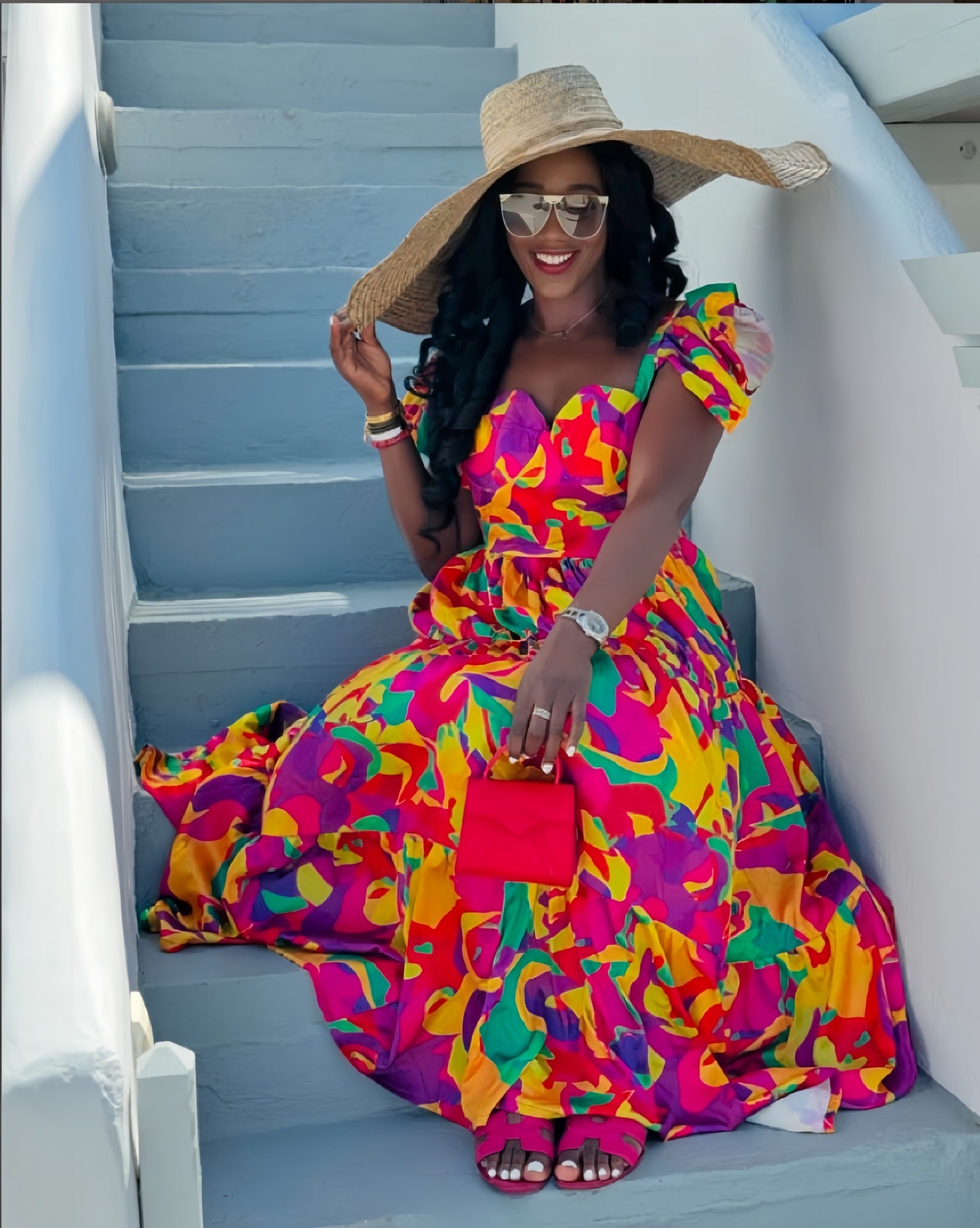 Women's spring puffy short sleeve color matching print Slim Waist pleated long dress