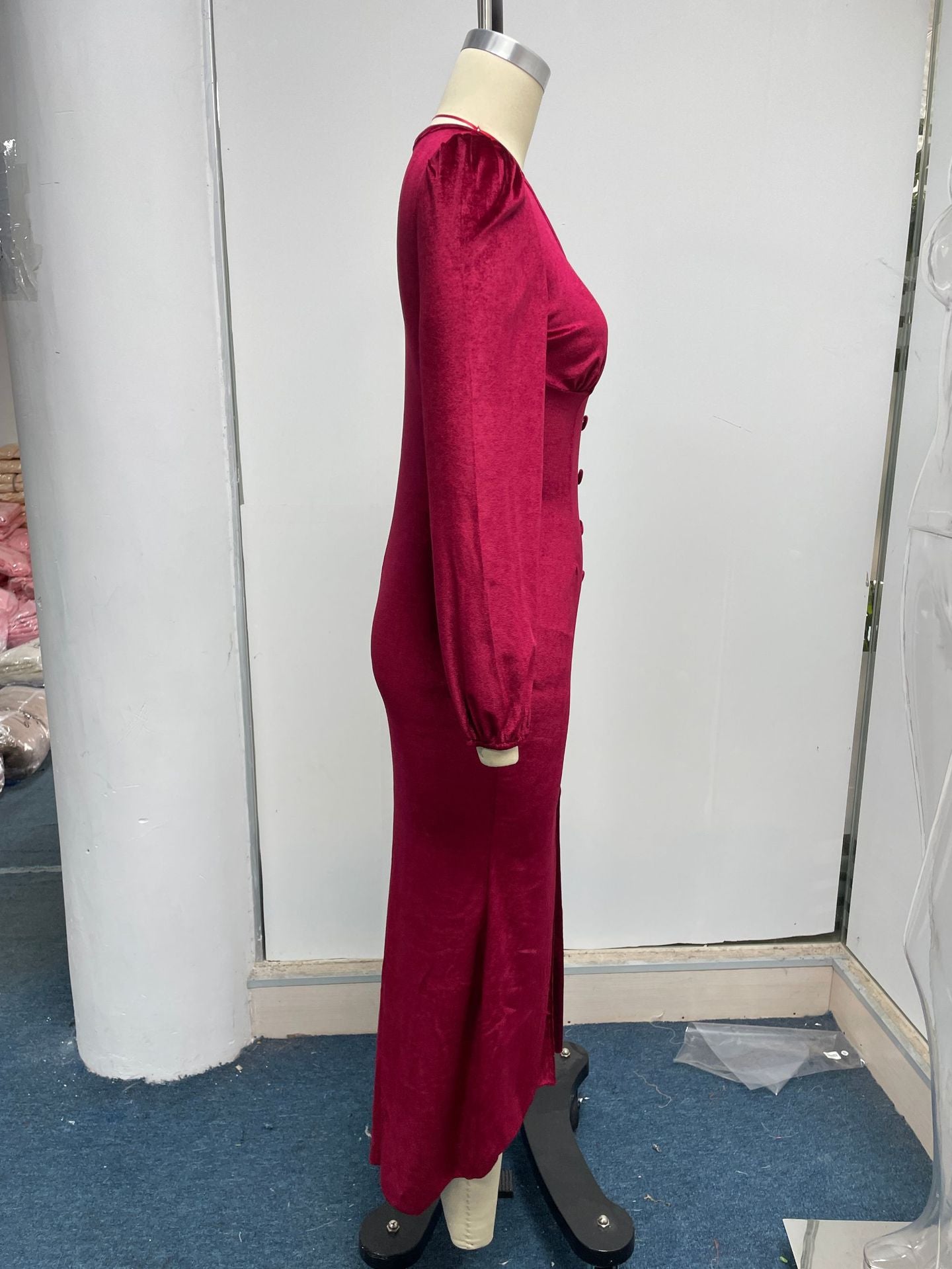 Women Autumn Knittingv Collar Solid Padded Shoulder Long Sleeve Slit Evening Dress 36