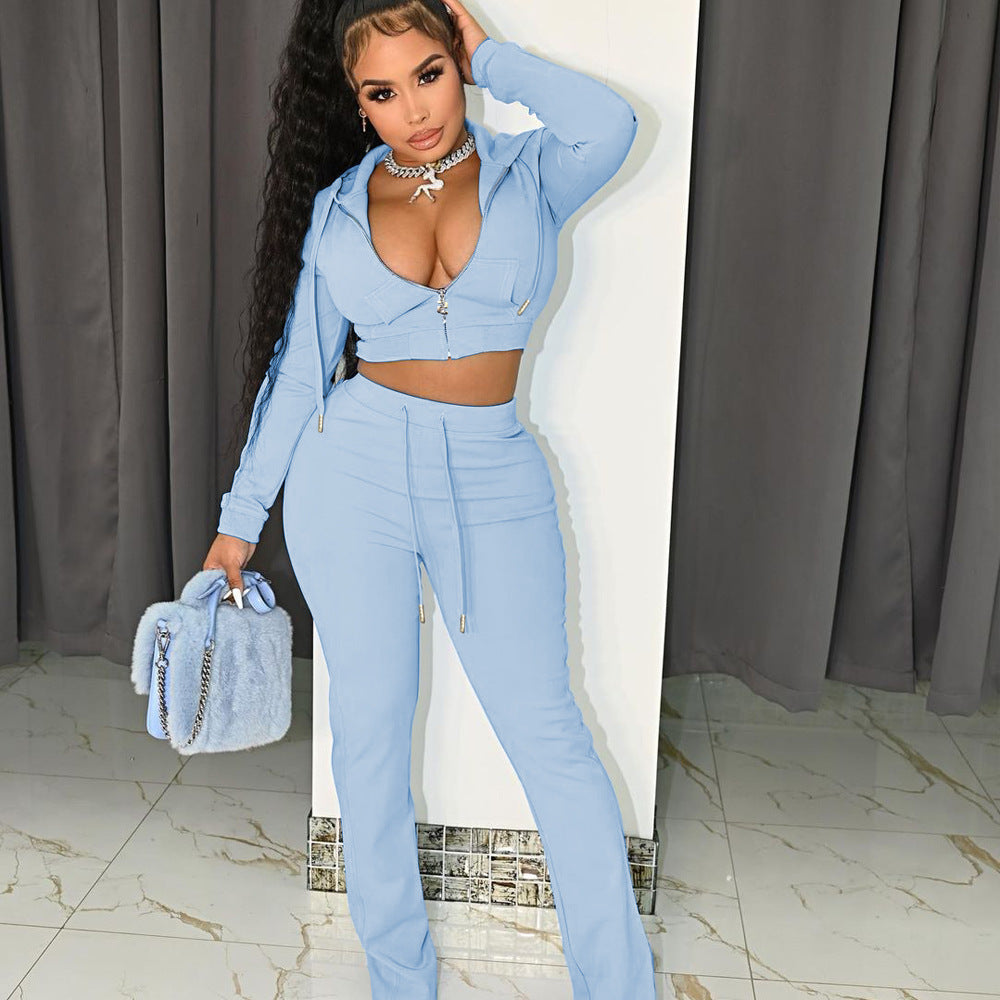 Women's Fashion Solid Color Pocket Zipper Hooded Casual Jacket Bell Bottom Pants Two Piece Set 5